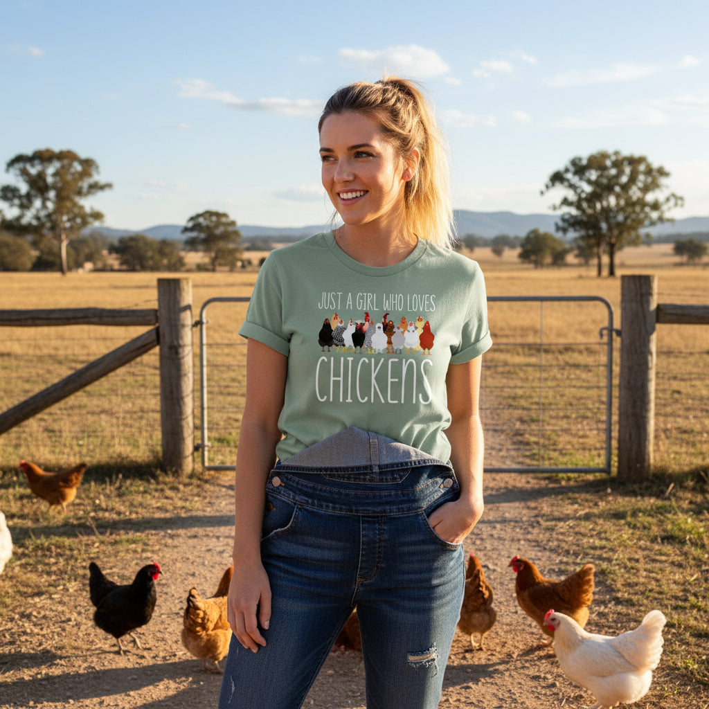 Sage green t-shirt with Just A Girl Who Loves Chickens text and illustrated hens