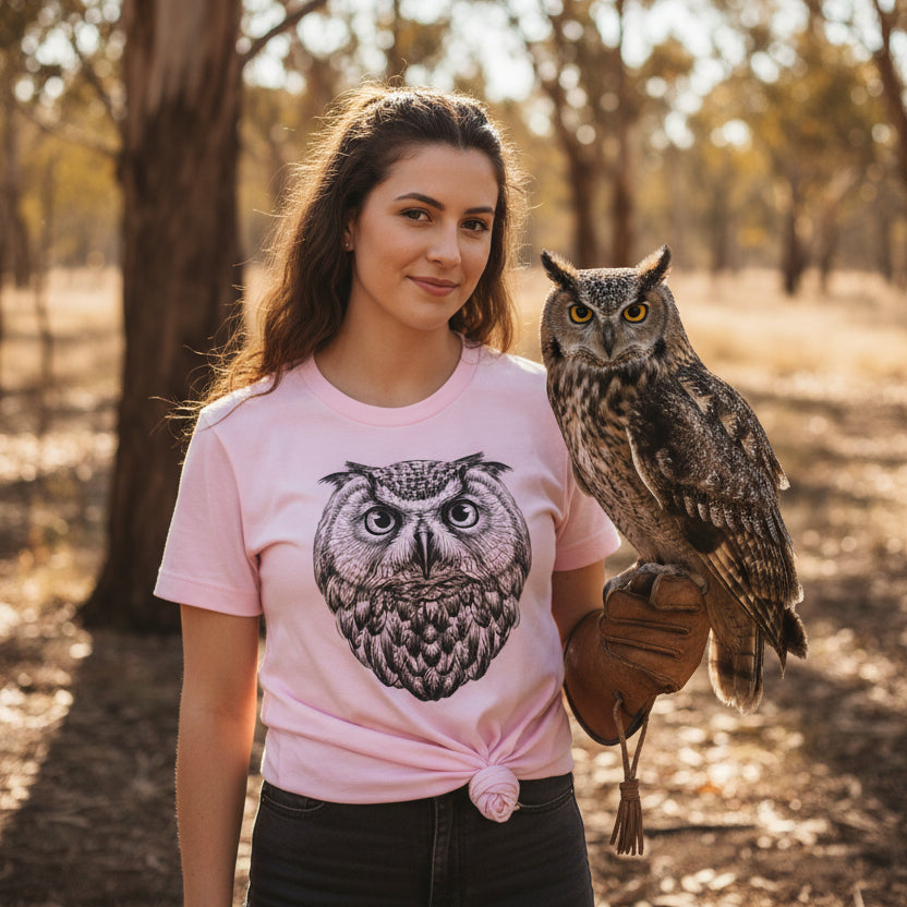 Owl T-Shirt, Women's Owl T-Shirt, Bird Print, Bird Lover Gift, Birdwatcher T-Shirt, Night Owl T-Shirt, Graphic Tee, , Owl Art, Owl Drawing