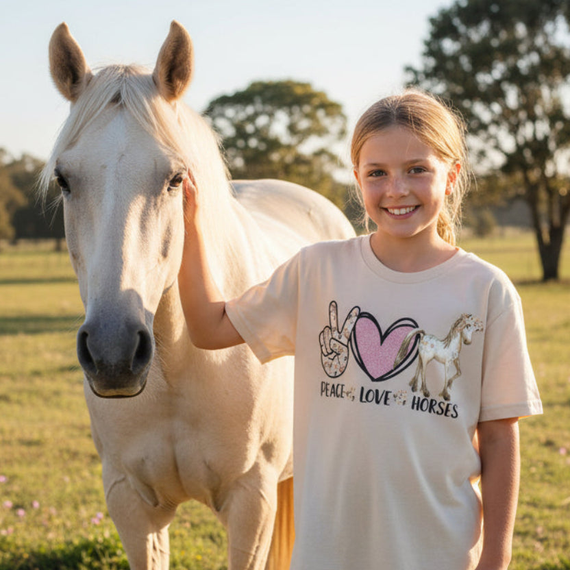 Horse T-Shirt, Peace Love And Horses T-Shirt, Women's Horse T-Shirt, Equestrian Gift, Horse Riding T-Shirt, Just A Girl Who Loves Horses