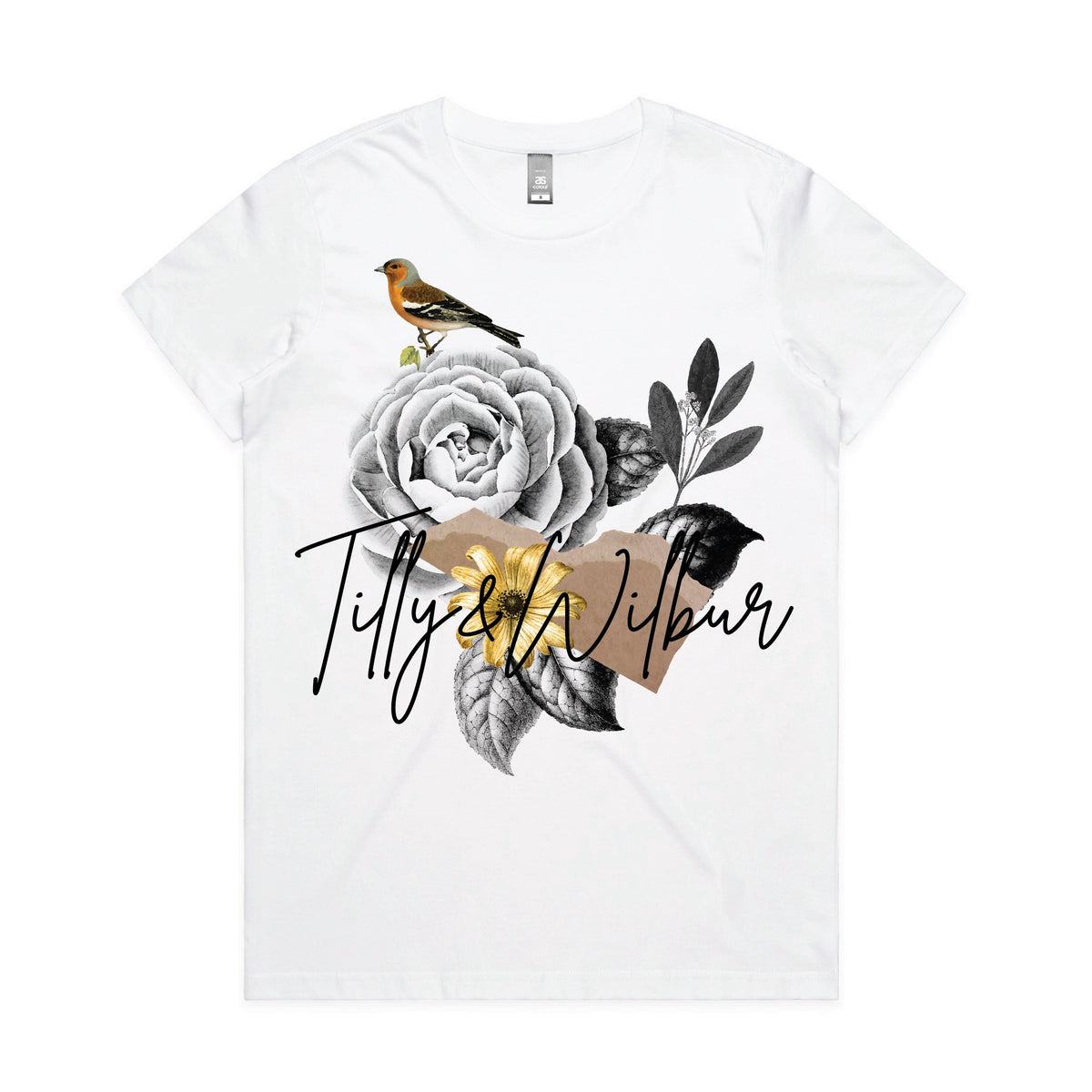 Tilly&amp;Wilbur Signature Range, Vintage Collage T-Shirt, Vintage Bird T-Shirt, Rose T-Shirt, Vintage Scrapbook Art, Vintage Illustration