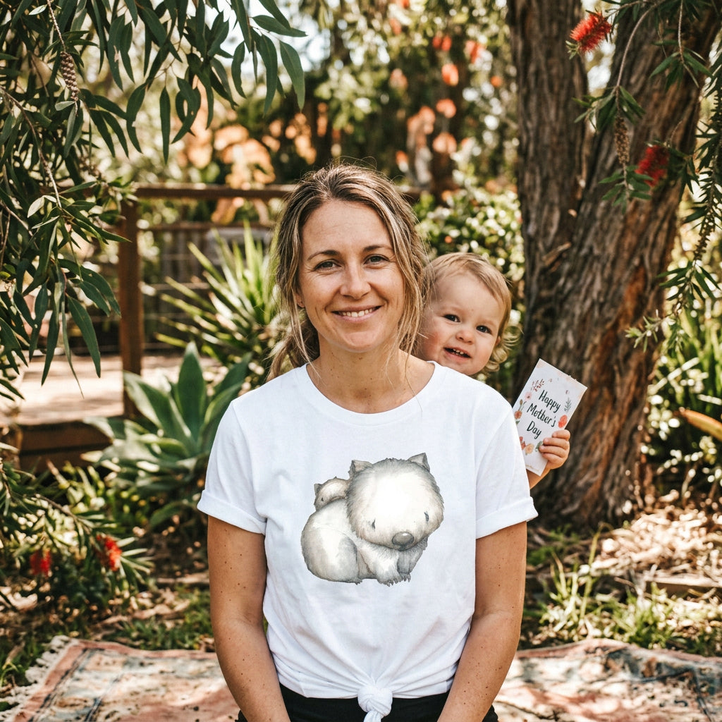 White t-shirt with a softly illustrated mother wombat and her baby resting on her back.