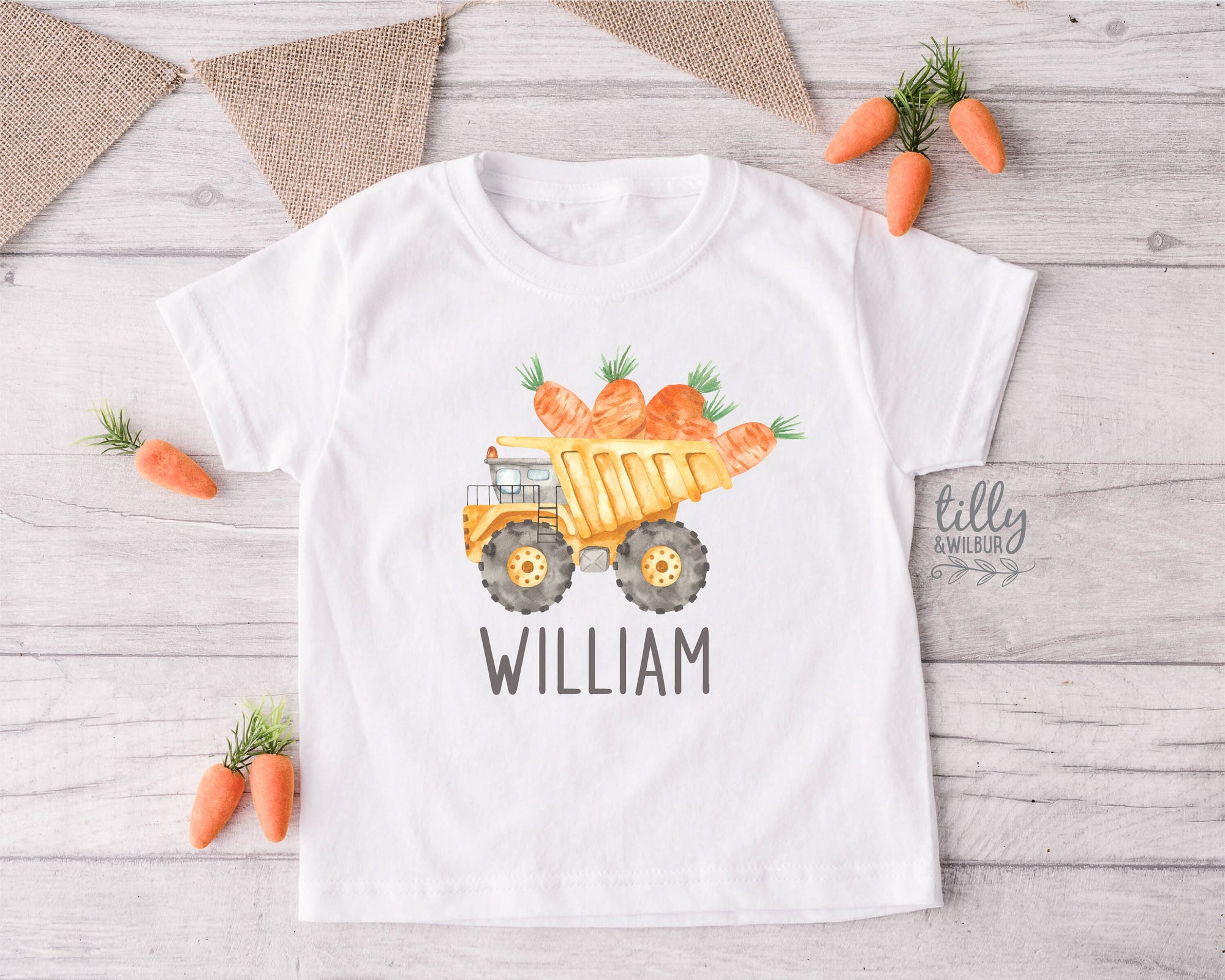 Easter T-Shirt With Name, Personalised Easter T-Shirt, Construction, Easter Dump Truck, Dump Truck With Carrots, Watercolor Easter Design