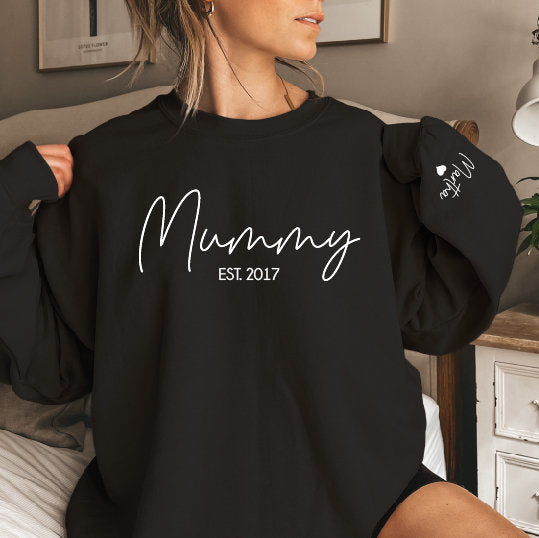 Mummy Sweatshirt With Date And Name On Sleeve, Mama Est Sweatshirt, Mothers Day Gift, Personalised Mum Gift, Mum Life Jumper, New Mum Gift