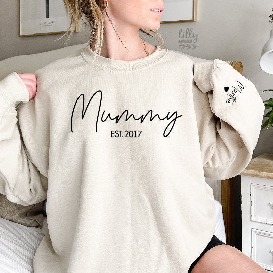 Mummy Sweatshirt With Date And Name On Sleeve, Mama Est Sweatshirt, Mothers Day Gift, Personalised Mum Gift, Mum Life Jumper, New Mum Gift