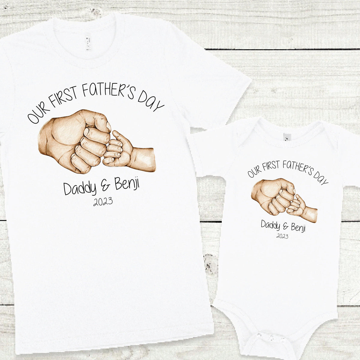 Our First Father&#39;s Day 2023 Matching Set, Personalised Happy 1st Father&#39;s Day, Matching Father&#39;s Day Outfits, 1st Father&#39;s Day Baby Gift