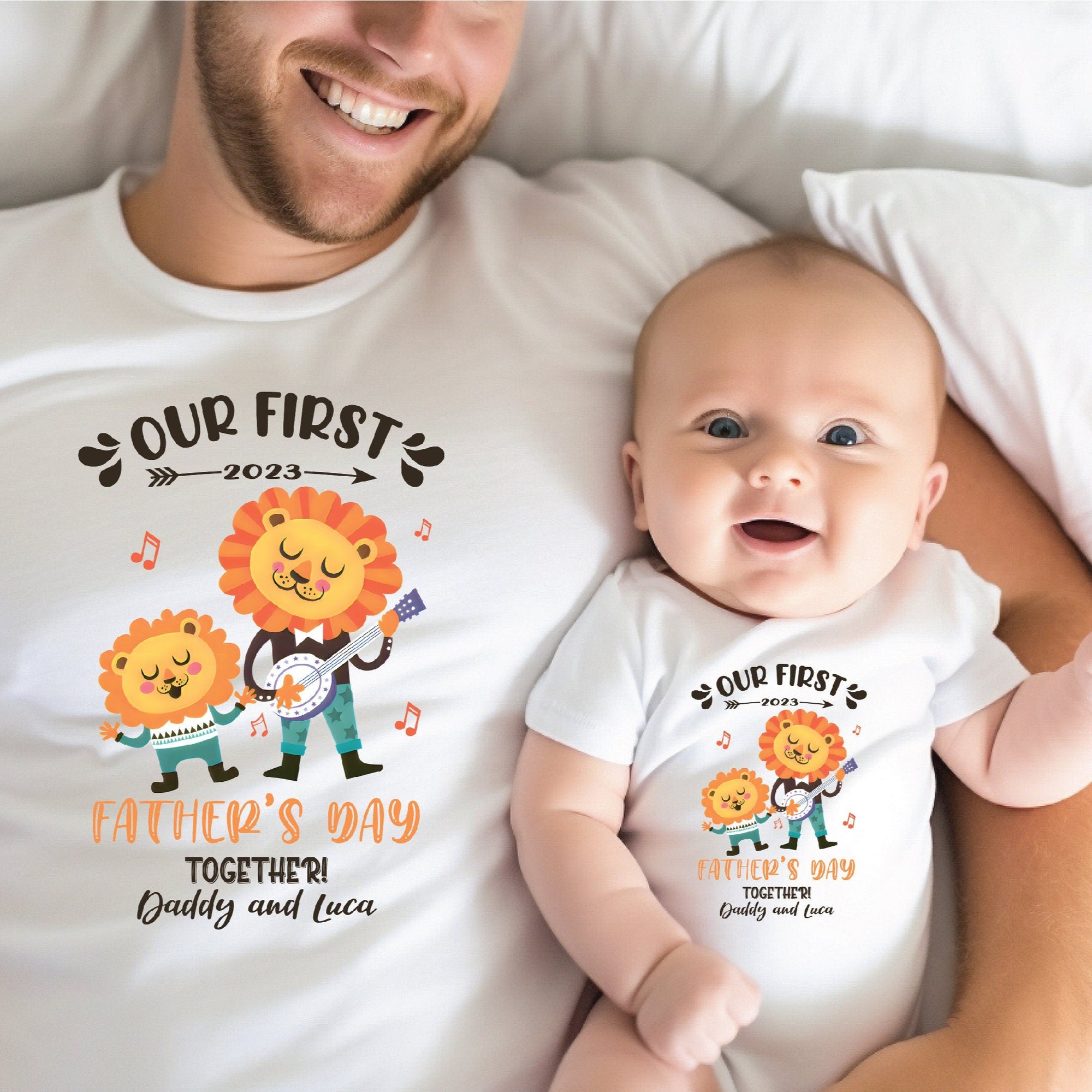 Our First Father's Day 2023 Baby Bodysuit And Dad T-Shirt With Names, Happy 1st Father's Day, Fathers Day Baby, First Fathers Day Baby Gift