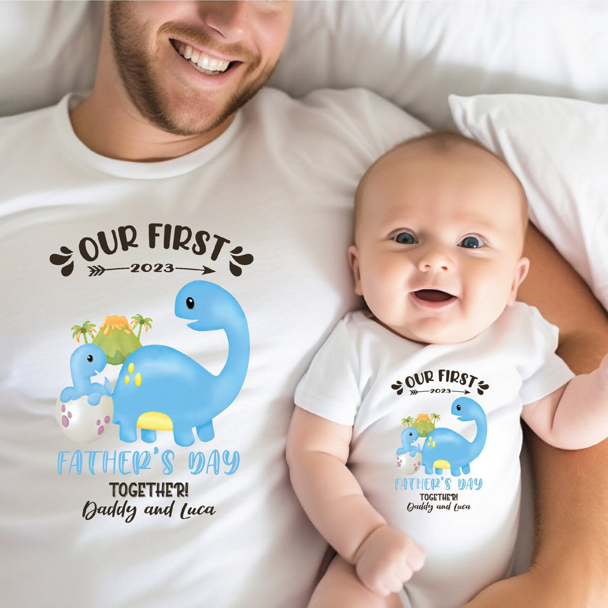 Our First Father&#39;s Day 2023 Baby Bodysuit And Dad T-Shirt With Names, Happy 1st Father&#39;s Day, Fathers Day Baby, First Fathers Day Baby Gift
