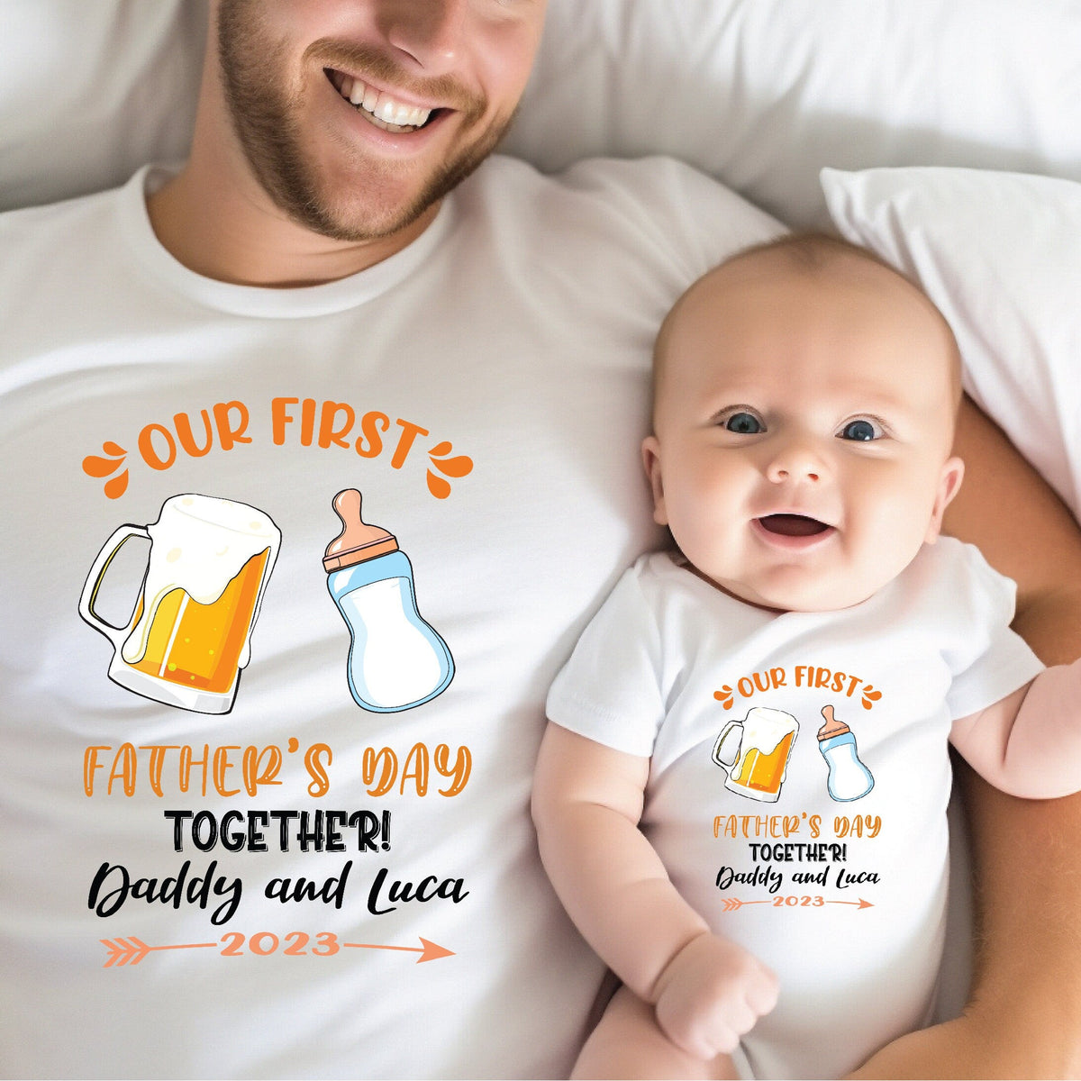 Our First Father&#39;s Day 2023 Baby Bodysuit And Dad T-Shirt With Names, Happy 1st Father&#39;s Day, Fathers Day Baby, First Fathers Day Baby Gift