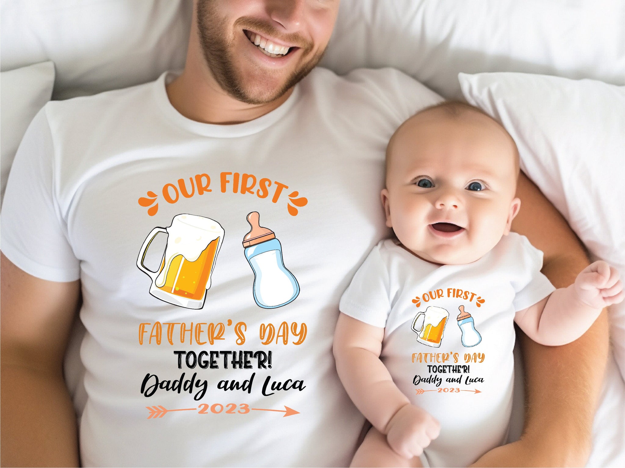 Our First Father s Day 2023 Baby Bodysuit And Dad T Shirt With