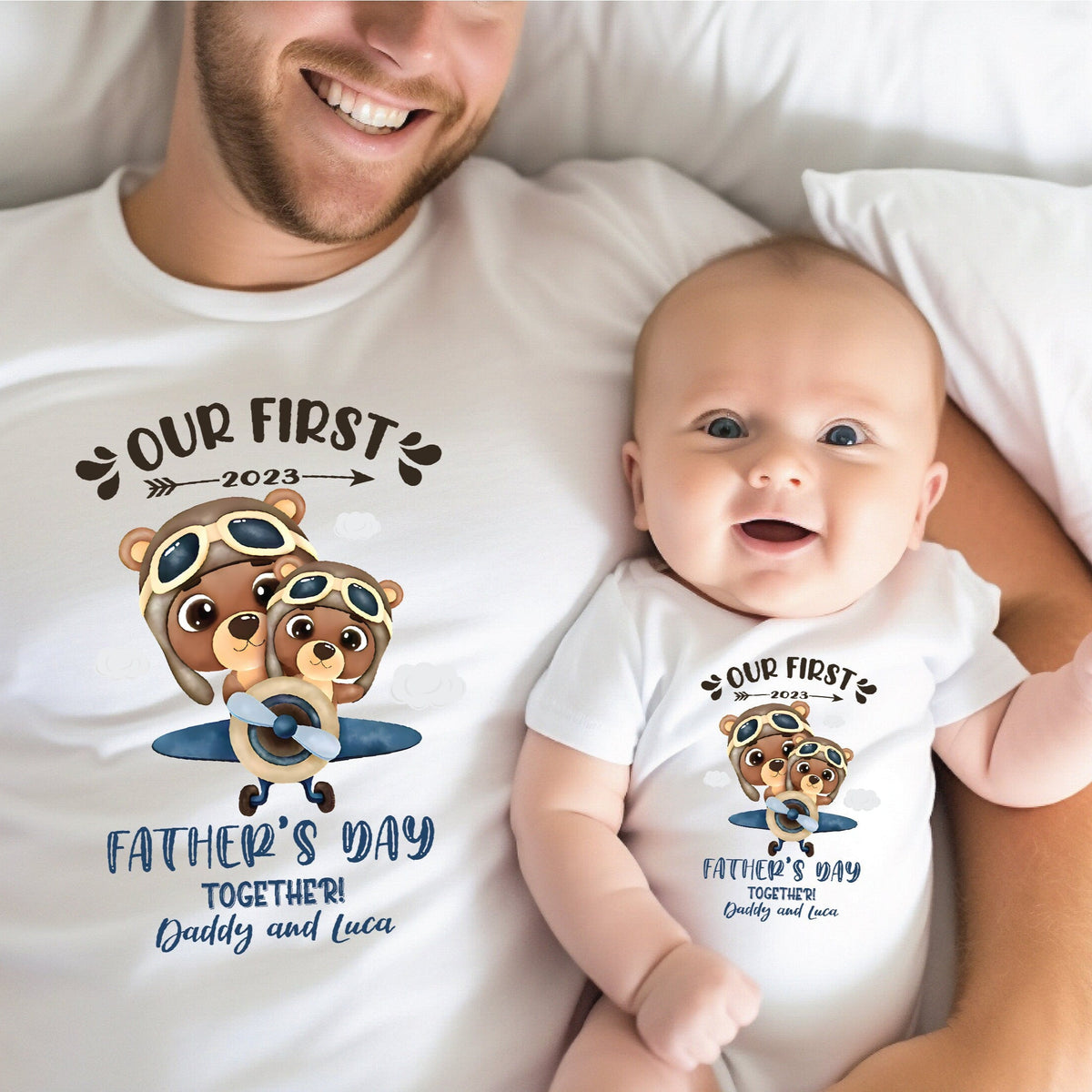 Our First Father&#39;s Day 2023 Baby Bodysuit And Dad T-Shirt With Names, Happy 1st Father&#39;s Day, Fathers Day Baby, First Fathers Day Baby Gift