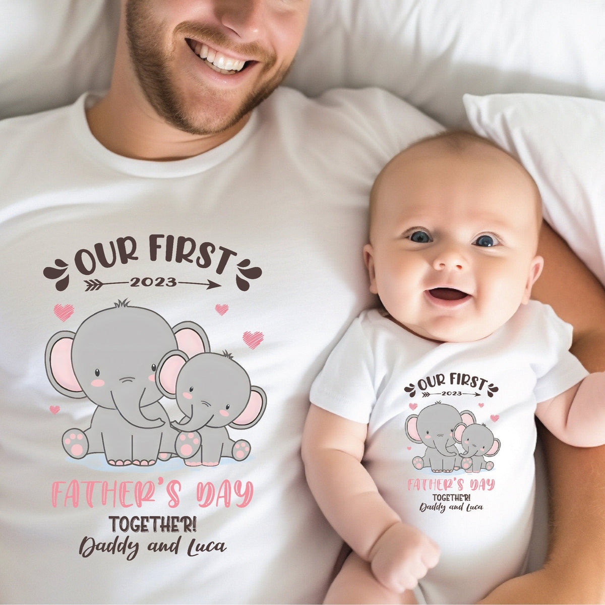 Our First Father&#39;s Day 2023 Baby Bodysuit And Dad T-Shirt With Names, Happy 1st Father&#39;s Day, Fathers Day Baby, First Fathers Day Baby Gift