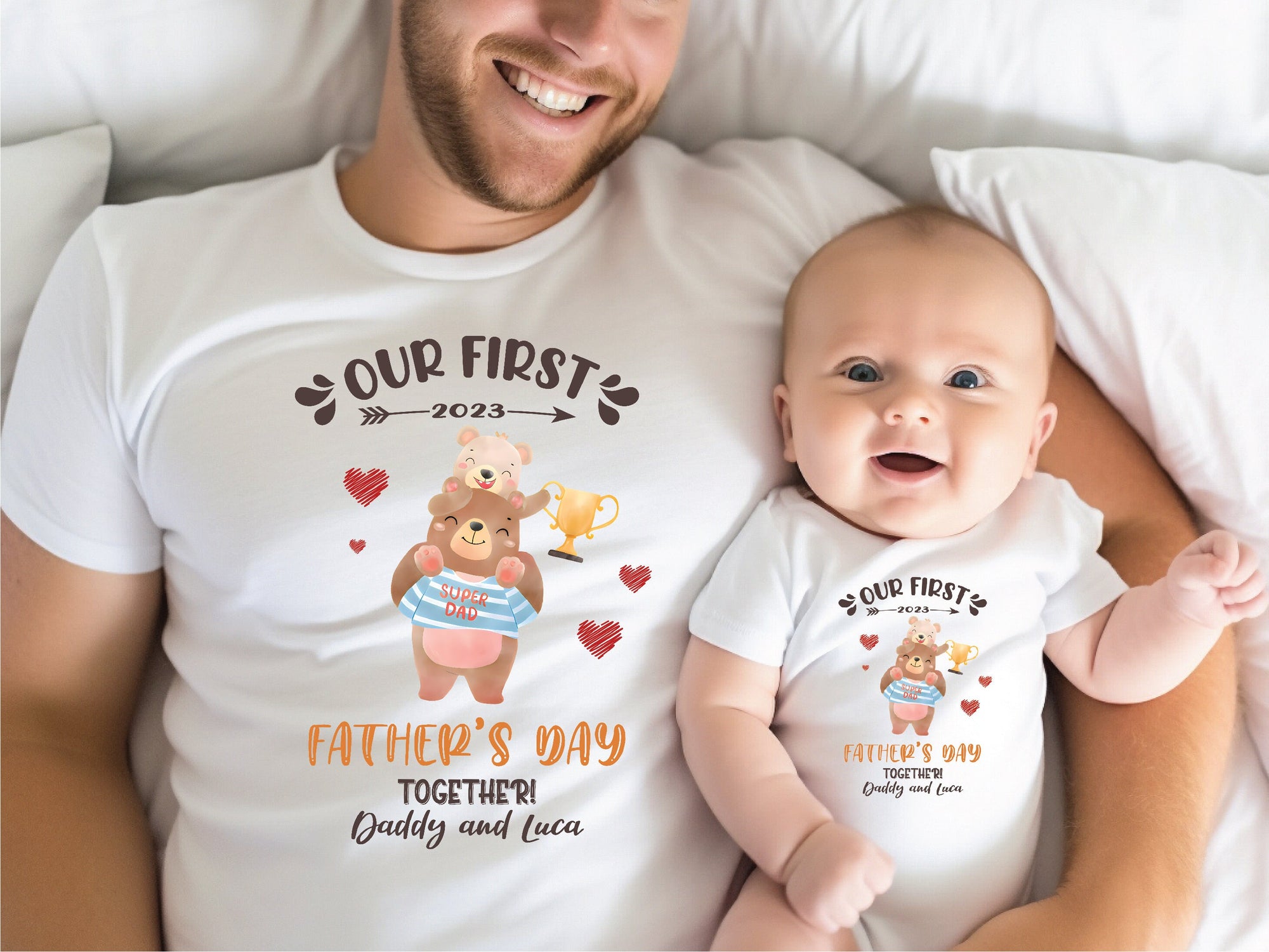 Our First Father's Day 2023 Baby Bodysuit And Dad T-Shirt With Names, Happy 1st Father's Day, Fathers Day Baby, First Fathers Day Baby Gift