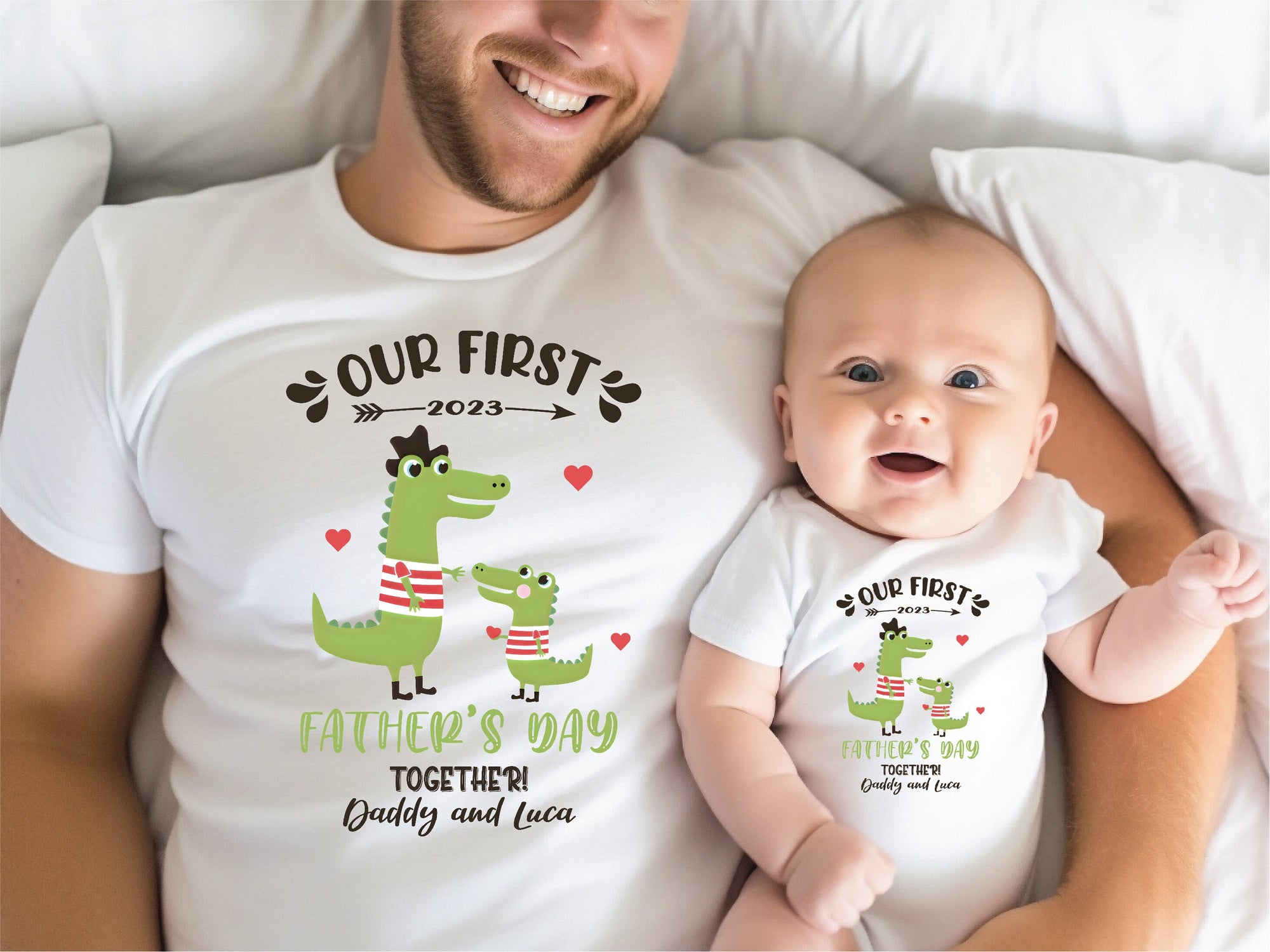 Our First Father's Day 2023 Baby Bodysuit And Dad T-Shirt With Names, Happy 1st Father's Day, Fathers Day Baby, First Fathers Day Baby Gift