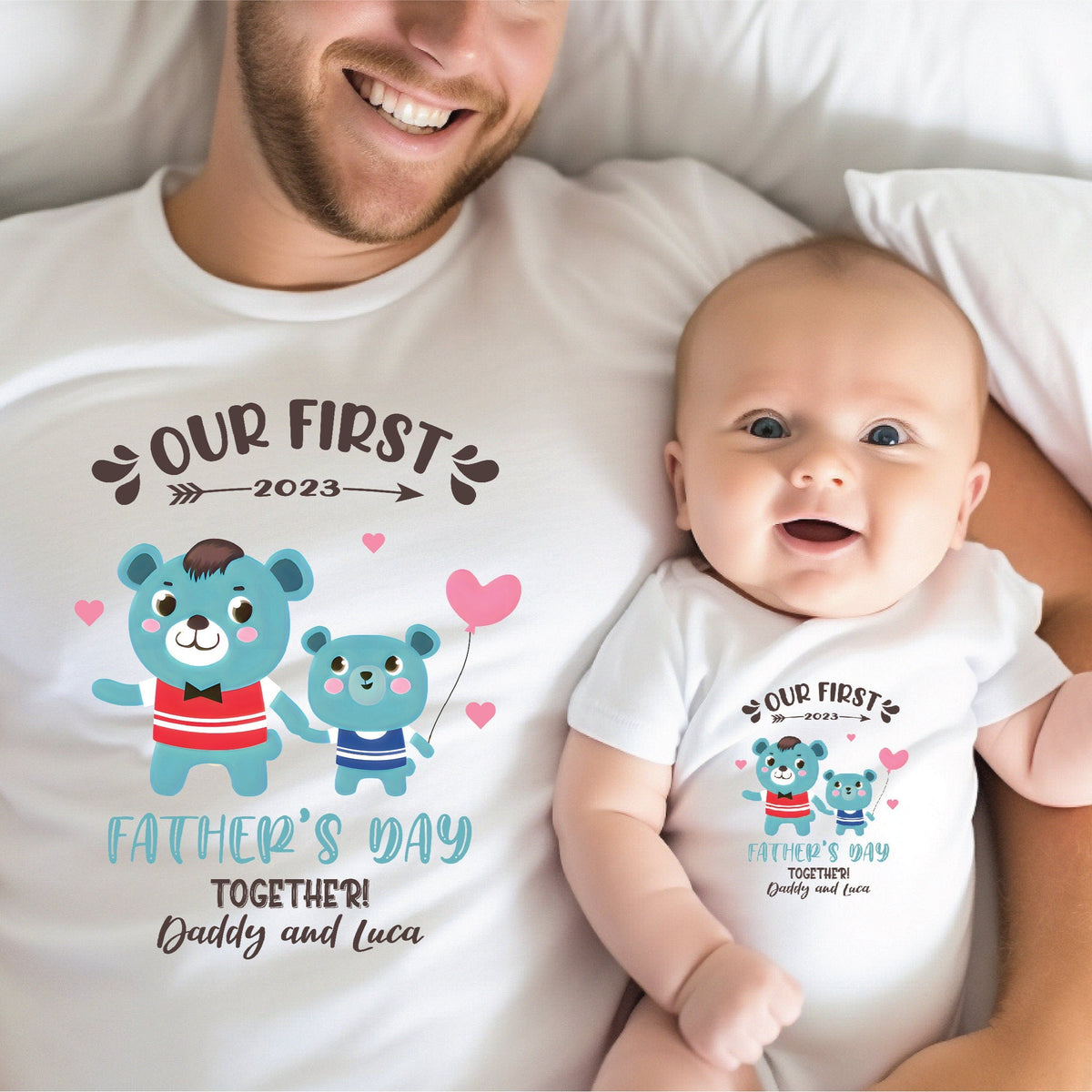 Our First Father&#39;s Day 2023 Baby Bodysuit And Dad T-Shirt With Names, Happy 1st Father&#39;s Day, Fathers Day Baby, First Fathers Day Baby Gift
