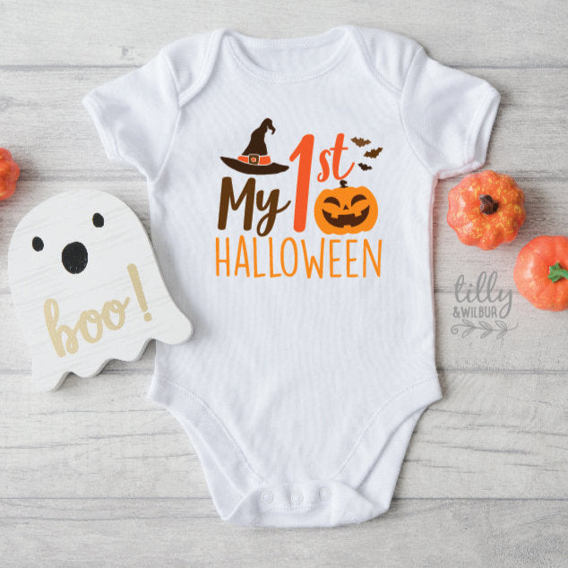 My 1st Halloween Baby Bodysuit, Baby Halloween Outfit, Pumpkin, Witches Hat, My First Halloween For Girls, Halloween Shirt, Halloween Baby
