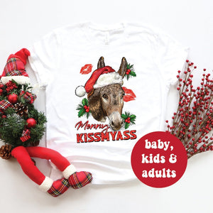 Merry Kiss My Ass T-Shirt, Funny Christmas T-Shirt, Donkey Christmas T-Shirt, Matching Family Christmas T-Shirts, Farm T-Shirt