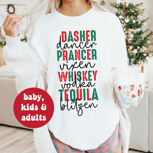 Drinking Christmas T-Shirt, Funny Christmas T-Shirt, Dasher, Dancer, Prancer, Vixen, Whiskey, Vodka, Tequila, Blitzen T-Shirt, Adult Sizing
