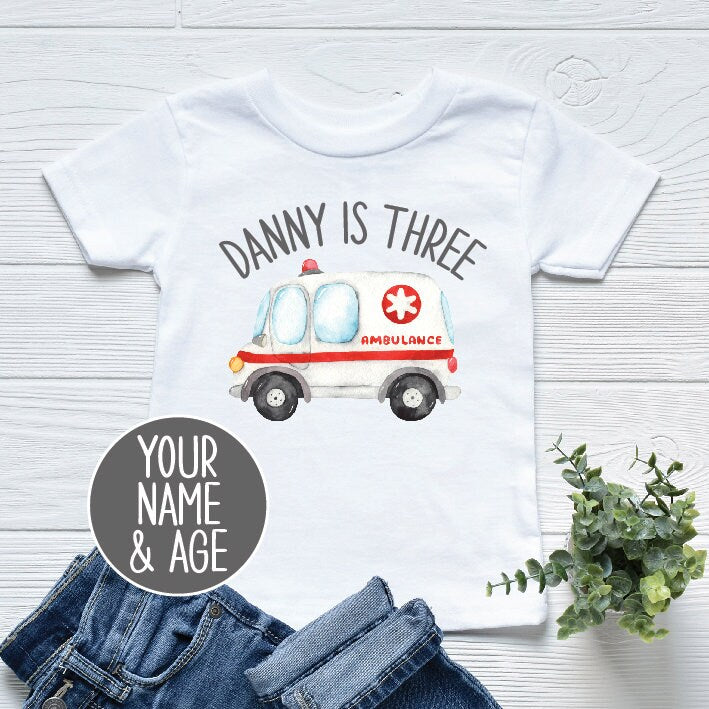 Personalised Birthday T-Shirt, Your Name & Age, Paramedic Birthday Gift, Ambulance Birthday T-Shirt, Ambulance Theme Birthday,