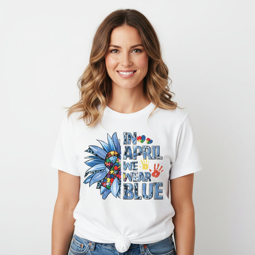 Autism awareness t-shirt Australia in April we wear blue sunflower puzzle ribbon design neurodiversity shirt white tee