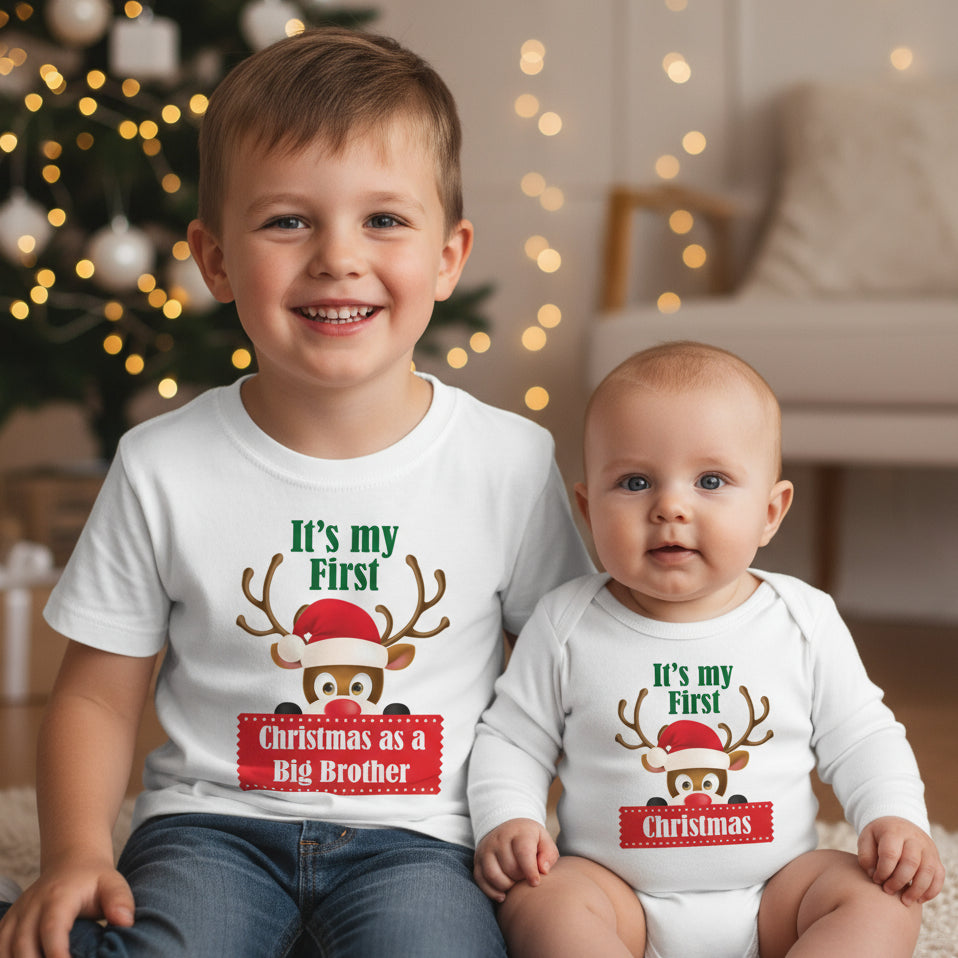 A set of Christmas clothing for a big brother and his little brother, featuring white shirts with red and green text and festive graphics, including reindeer and presents.