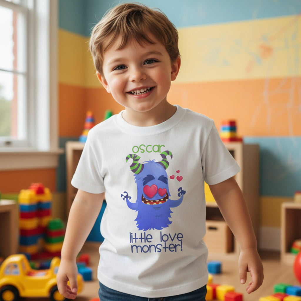 A white t-shirt with a printed design of a cartoon monster character holding a heart, with the text 'oscar' at the top and 'little love monster!' below it.