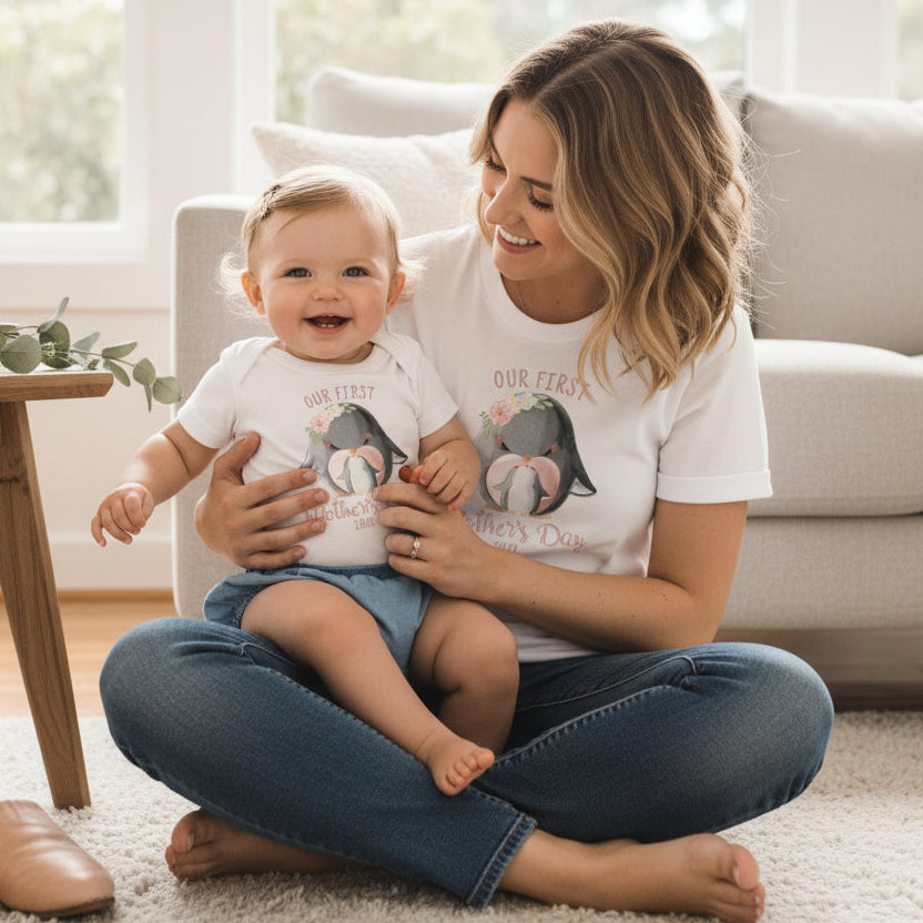 Matching mum and baby first mothers day shirts with penguin design personalised outfit Australia